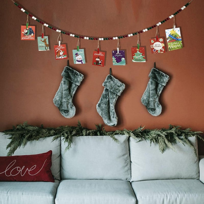 Kintyno 2PCS Christmas Hanging Photo Display with 9 Clips, Wooden Bead Garland, Boho Style Collage Photo Frame Decoration for Dorms, Classrooms, Bedrooms - Image 2